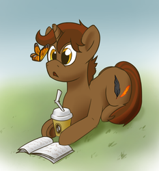 Size: 2060x2211 | Tagged: safe, artist:qyufreik, oc, oc only, oc:shadowheart, butterfly, monarch butterfly, pony, unicorn, book, coffee, golden eyes, grass, high res, lying in grass, male, open mouth, park, solo, stallion, starbucks, wrong cutie mark