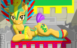 Size: 2560x1600 | Tagged: safe, artist:navanastra, oc, oc only, oc:sassaria, earth pony, pony, bracelet, cutie mark, draw me like one of your french girls, female, headdress, jewelry, looking at you, mare, maya, prone, slit pupils, smiling, smirk, solo, tail wrap