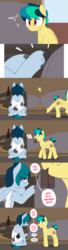 Size: 1280x4705 | Tagged: safe, artist:shinodage, oc, oc only, oc:apogee, oc:delta vee, pegasus, pony, clothes, comic, delta vee's junkyard, dialogue, duo, female, filly, freckles, gloves, lightbulb, mare, mother and daughter, mouth hold, open mouth, rocket engine, rocketdyne lr-79, shirt, sitting, speech bubble