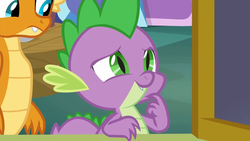 Size: 1280x720 | Tagged: safe, screencap, smolder, spike, dragon, father knows beast, g4, castle, claws, dragoness, fangs, female, horns, pondering, thinking