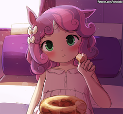Size: 750x698 | Tagged: safe, artist:lumineko, sweetie belle, human, g4, blushing, cake, clothes, crossover, cute, diasweetes, eared humanization, eating, female, food, horn, horned humanization, humanized, shirt, solo, uma musume pretty derby