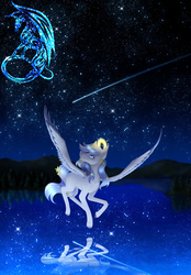 Size: 3473x5000 | Tagged: safe, artist:kassandravuds, oc, oc only, pegasus, pony, absurd resolution, commission, constellation, digital art, female, flying, lake, looking up, mare, night, reflection, sky, solo, spread wings, stars, water, wings, ych result
