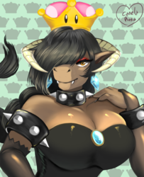 Size: 1300x1600 | Tagged: safe, artist:kitsunehino, oc, oc only, oc:melody strumvine, minotaur, anthro, big breasts, bowsette, breasts, choker, cleavage, clothes, commission, crown, digital art, dress, fangs, female, hair over one eye, huge breasts, jewelry, regalia, signature, smiling, solo, spiked choker, spiked wristband, super crown, toadette, wristband, ych result