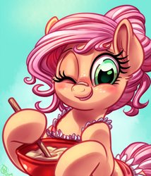 Size: 1029x1200 | Tagged: safe, artist:whitediamonds, oc, oc only, oc:claire, earth pony, pony, apron, batter, bowl, clothes, female, food, freckles, mare, mixing bowl, one eye closed, solo, wink