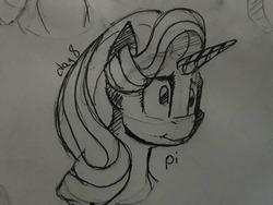 Size: 1030x773 | Tagged: safe, artist:post-it, starlight glimmer, pony, unicorn, g4, bust, female, ink drawing, inktober, mare, monochrome, simple background, sketch, smiling, solo, traditional art, white background
