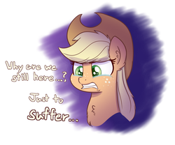 Size: 1280x1067 | Tagged: safe, artist:heir-of-rick, applejack, earth pony, pony, g4, abstract background, bust, chest fluff, dialogue, ear fluff, female, freckles, gritted teeth, mare, metal gear, metal gear solid 5, solo, teary eyes