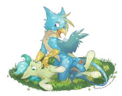 Size: 1280x1007 | Tagged: safe, alternate version, artist:clarity, gallus, sandbar, earth pony, griffon, pony, g4, blushing, eared griffon, explicit source, gay, grass, interspecies, male, paw pads, paws, ship:gallbar, shipping, simple background, white background