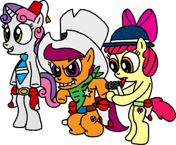 Size: 1281x1055 | Tagged: safe, artist:blackrhinoranger, apple bloom, scootaloo, sweetie belle, g4, bandana, belt, bipedal, canadian squirt gun, clothes, costume, cowboy, cowboy hat, cutie eds crusaders, cutie mark, cutie mark crusaders, double deputy d, ed edd n eddy, fez, hat, hoof hold, know it all ed, marshall eddy, mouth hold, necktie, notebook, pencil, sheriff, sheriff's badge, socks, the cmc's cutie marks, turkey baster