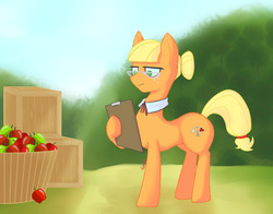 Size: 1280x1002 | Tagged: safe, artist:radioactive nero, applejack, earth pony, pony, g4, 2018, alternate cutie mark, alternate hairstyle, alternate universe, apple, clipboard, description at source, description in comments, female, food, glasses, hair bun, no pupils, personality change, solo