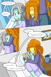 Size: 1050x1575 | Tagged: safe, artist:jake heritagu, adagio dazzle, oc, oc:misty breeze, comic:aria's archives, comic:nursing home, equestria girls, g4, bust, clothes, comic, crying, curtains, dialogue, female, flower, mother and daughter, offspring, older, parent:adagio dazzle, portrait, speech bubble, vase, window