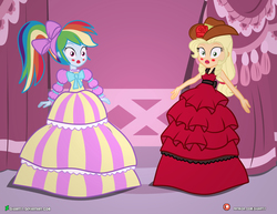 Size: 4000x3090 | Tagged: safe, artist:dieart77, applejack, rainbow dash, equestria girls, g4, alternate hairstyle, and then there's rarity, applejack also dresses in style, blushing, carousel boutique, clothes, cowboy hat, dress, elegant, feminization, forced makeover, frozen, hat, implied rarity, makeup, model, modeling, prank, puffy sleeves, rainbow dash always dresses in style, stetson, story included, tomboy taming