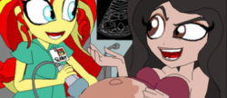 Size: 358x154 | Tagged: safe, artist:terry, sunset shimmer, oc, oc:lily orchard, oc:lily peet, g4, bhaalspawn, harsher in hindsight, lily orchard, lily peet, op is a duck, pregnant, pregnant equestria girls