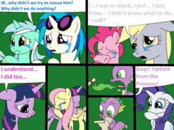 Size: 1024x765 | Tagged: safe, artist:didgereethebrony, derpy hooves, dj pon-3, fluttershy, lyra heartstrings, pinkie pie, rarity, spike, twilight sparkle, vinyl scratch, alicorn, pony, comic:wreck of the renaissance, epic wub time, g4, crying, fire, glasses, hug, scroll, tears of pain, twilight sparkle (alicorn)