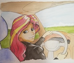 Size: 1280x1090 | Tagged: safe, artist:gsphere, sunset shimmer, equestria girls, g4, car, car interior, clothes, driving, female, looking back, smiling, solo, traditional art