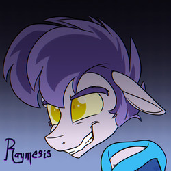 Size: 2000x2000 | Tagged: safe, artist:binkyt11, earth pony, pony, angry, chromatic aberration, clothes, crossover, eyebrows, gradient background, high res, hoodie, insanity, long ears, male, medibang paint, rayman, raymesis, solo, stallion, wavy mouth