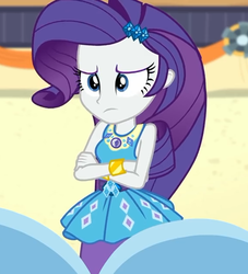 Size: 573x630 | Tagged: safe, screencap, rarity, equestria girls, equestria girls series, g4, rollercoaster of friendship, bracelet, clothes, cropped, crossed arms, female, geode of shielding, jewelry, rarity is not amused, rarity peplum dress, skirt, unamused