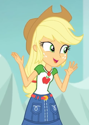 Size: 493x693 | Tagged: safe, screencap, applejack, equestria girls, equestria girls specials, g4, my little pony equestria girls: better together, my little pony equestria girls: rollercoaster of friendship, applejack's hat, belt, clothes, cowboy hat, cropped, denim skirt, female, freckles, geode of super strength, hands in the air, hat, skirt, stetson