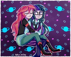 Size: 1152x936 | Tagged: safe, artist:lelka-philka, sci-twi, sunset shimmer, twilight sparkle, equestria girls, g4, clothes, crystal prep academy uniform, duo, eyes closed, female, glasses, jacket, leather jacket, lesbian, school uniform, ship:sci-twishimmer, ship:sunsetsparkle, shipping
