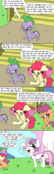 Size: 1000x3200 | Tagged: safe, artist:bjdazzle, apple bloom, cookie crumbles, hondo flanks, scootaloo, spike, sweetie belle, dragon, earth pony, pegasus, pony, unicorn, father knows beast, g4, the perfect pear, adopted, applejack's parents, bandage, chibi, comic, cutie mark crusaders, female, filly, i know that feel bro, implied aunt holiday, implied auntie lofty, implied bright mac, implied pear butter, implied rainbow dash, implied scootabuse, male, mare, oblivibelle, oblivious, odd one out, orphan, rarity's parents, scootaloo's parents, season 8 homework assignment, sitting, stairs, stallion, sweetiedumb, unamused, waving