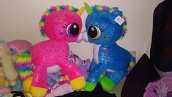 Size: 4160x2340 | Tagged: safe, artist:ponylover88, pony, unicorn, bootleg, duo, irl, kissing, photo, plushie, touching face, toy