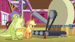 Size: 1920x1080 | Tagged: safe, screencap, applejack, sludge (g4), dragon, pony, father knows beast, g4, arm sling, cider mill, treadmill