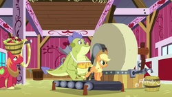 Size: 1920x1080 | Tagged: safe, screencap, applejack, sludge (g4), dragon, pony, father knows beast, g4, arm sling, cider mill, treadmill