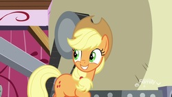 Size: 1920x1080 | Tagged: safe, screencap, applejack, earth pony, pony, father knows beast, g4, applejack's hat, cider mill, cowboy hat, cute, female, hat, jackabetes, mare, smiling, solo, when she smiles