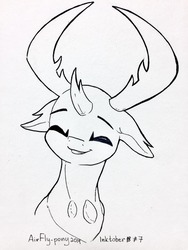 Size: 960x1280 | Tagged: dead source, safe, artist:airfly-pony, thorax, changedling, changeling, rcf community, g4, bust, cute, eyes closed, happy, ink, inktober, inktober 2018, king thorax, lineart, male, portrait, smiling, solo, thorabetes