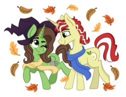 Size: 900x697 | Tagged: safe, artist:pink-pone, flim, oc, pony, unicorn, g4, canon x oc, clothes, female, hat, leaf, leaves, male, mare, scarf, simple background, straight, transparent background, witch hat