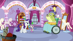 Size: 1280x720 | Tagged: safe, screencap, rarity, sludge (g4), spike, dragon, pony, unicorn, father knows beast, g4, bruised, female, male, mare, wheelchair, winged spike, wings