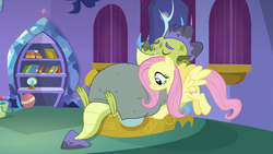 Size: 1280x720 | Tagged: safe, screencap, fluttershy, sludge (g4), dragon, pegasus, pony, father knows beast, g4, bed, blanket, dirty, duo, female, flying, male, mare, tucking in