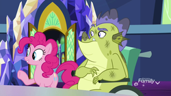 Size: 1920x1080 | Tagged: safe, screencap, pinkie pie, sludge (g4), dragon, earth pony, pony, father knows beast, g4, bruised, dirty, duo, female, male, mare, wheelchair