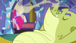 Size: 1280x720 | Tagged: safe, screencap, pinkie pie, sludge (g4), dragon, pony, father knows beast, g4, eyes closed, smell, smelling, solo focus
