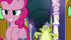 Size: 1280x720 | Tagged: safe, screencap, pinkie pie, sludge (g4), dragon, earth pony, pony, father knows beast, g4, duo, evil smile, female, grin, male, mare, smiling