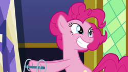 Size: 1280x720 | Tagged: safe, screencap, pinkie pie, earth pony, pony, father knows beast, g4, female, mare, smiling, solo