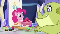 Size: 1280x720 | Tagged: safe, screencap, pinkie pie, sludge (g4), dragon, pony, father knows beast, g4, cake, cupcake, duo, female, food, gem, grin, male, mare, pie, smiling