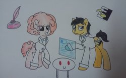 Size: 1131x707 | Tagged: safe, artist:twilightlsparkle, oc, oc:dr.pink ink, oc:piano symphony, earth pony, pony, robot, unicorn, clothes, colored pencil drawing, crossover, female, lobotomy corporation, male, mare, paper, scientist, simple background, smiling, stallion, suit, tied, traditional art, unicorn corporation, white background, white coat
