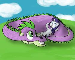 Size: 1000x800 | Tagged: source needed, safe, artist:sixes&sevens, rarity, spike, dragon, pony, unicorn, g4, female, inktober, inktober 2018, male, older, older spike, outdoors, ship:sparity, shipping, size difference, straight