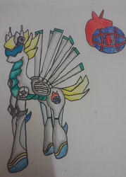 Size: 600x837 | Tagged: safe, artist:twilightlsparkle, oc, oc only, oc:flame column, pegasus, pony, agent, colored pencil drawing, crossover, expressionless face, headset, lobotomy corporation, male, paper, simple background, traditional art, unicorn corporation, white background