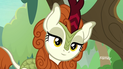 Size: 1280x720 | Tagged: safe, edit, edited screencap, screencap, autumn blaze, kirin, g4, sounds of silence, inverted mouth, smiling