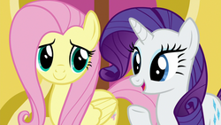 Size: 1280x720 | Tagged: safe, screencap, fluttershy, rarity, pegasus, pony, unicorn, father knows beast, g4, duo, female, mare