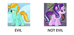 Size: 1396x662 | Tagged: safe, edit, edited screencap, screencap, lightning dust, starlight glimmer, pegasus, pony, unicorn, g4, background pony strikes again, downvote bait, female, mare, op is a duck, op is trying to start shit, text