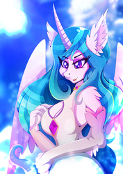 Size: 1358x1920 | Tagged: safe, artist:rariedash, princess celestia, alicorn, anthro, g4, boob window, breasts, cleavage, clothes, ear fluff, evening gloves, female, gloves, long gloves, mare, shoulder fluff, solo