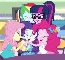 Size: 561x519 | Tagged: safe, screencap, fluttershy, pinkie pie, rainbow dash, rarity, sci-twi, twilight sparkle, equestria girls, equestria girls specials, g4, my little pony equestria girls: better together, my little pony equestria girls: rollercoaster of friendship, best friends, cropped, eyes closed, female, geode of shielding, group hug, hug, lidded eyes, ponytail