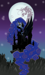 Size: 798x1339 | Tagged: safe, artist:cantershirecommons, nightmare moon, alicorn, pony, g4, castle, colored, female, mare in the moon, moon, night, solo, stars, wings
