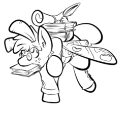 Size: 411x370 | Tagged: safe, artist:cantershirecommons, oc, oc only, mothpony, original species, balancing, book, freckles, glasses, inkwell, male, monochrome, mouth hold, quill, scroll, solo, stallion