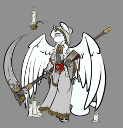 Size: 805x842 | Tagged: safe, artist:cantershirecommons, oc, oc only, oc:thanatos, alicorn, pony, alicorn oc, armor, bipedal, book, candle, colored, concept art, impractical weapon, jewelry, male, robes, scythe, solo, stallion
