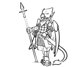 Size: 798x742 | Tagged: safe, artist:cantershirecommons, oc, oc only, oc:argyle, griffon, armor, arrow, bipedal, bow, chainmail, looking at you, male, monochrome, quiver, solo, spear, sword, weapon