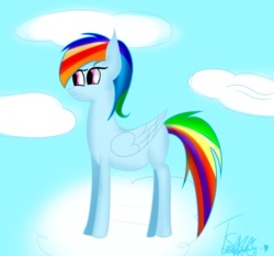Size: 1300x1210 | Tagged: safe, artist:wonderschwifty, rainbow dash, pegasus, pony, g4, cloud, female, hooves, mare, on a cloud, solo, standing on a cloud, wings