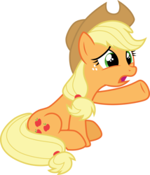Size: 3000x3497 | Tagged: safe, artist:cloudy glow, artist:yanoda, applejack, earth pony, pony, g4, non-compete clause, .ai available, cowboy hat, cute, female, freckles, hat, high res, open mouth, pointing, reaching, sad, sadorable, simple background, sitting, solo, stetson, transparent background, unhapplejack, vector